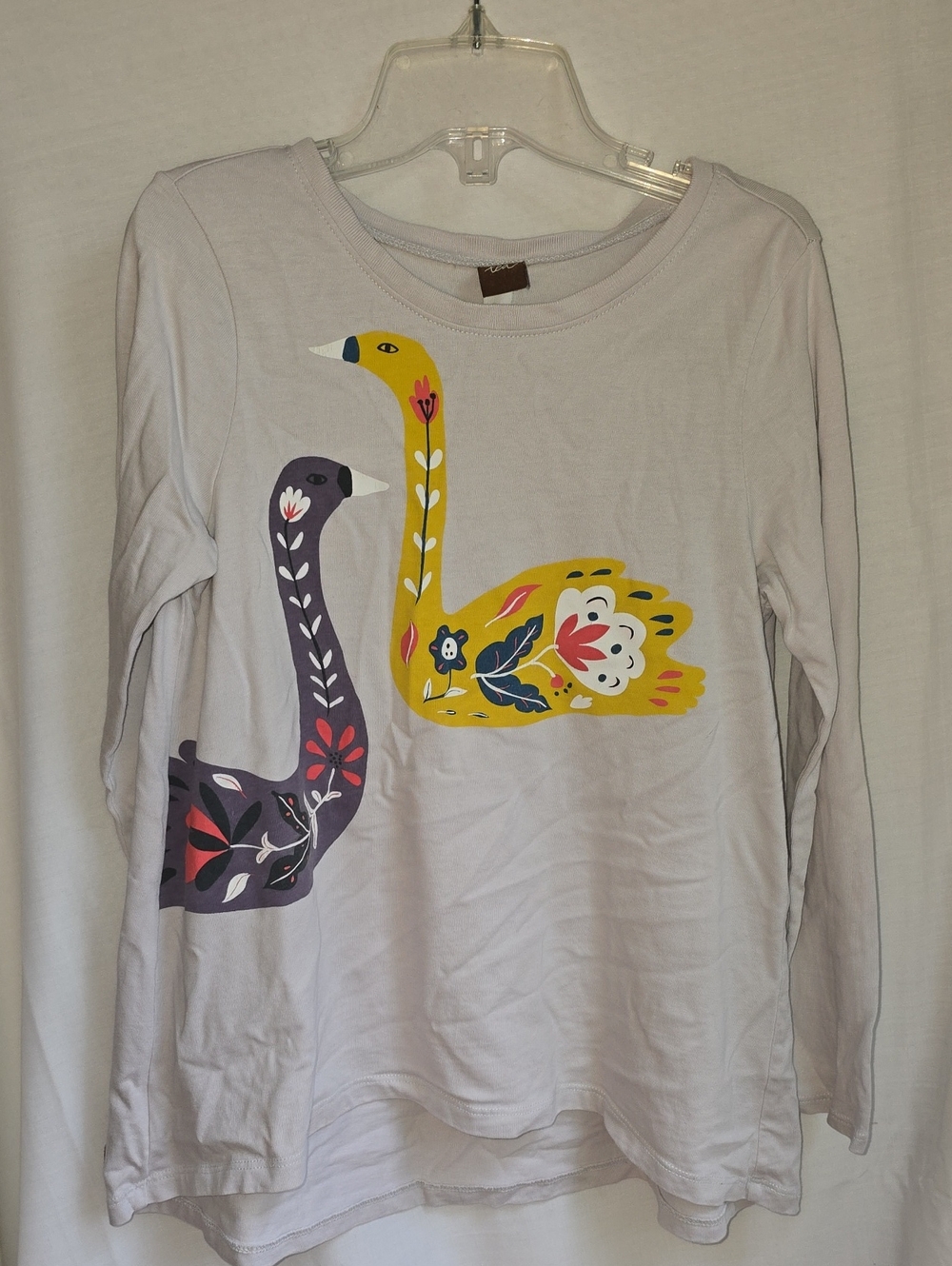 Girls' Pale Lavendar Gray Long Sleeve Top with Colorful Swan Print